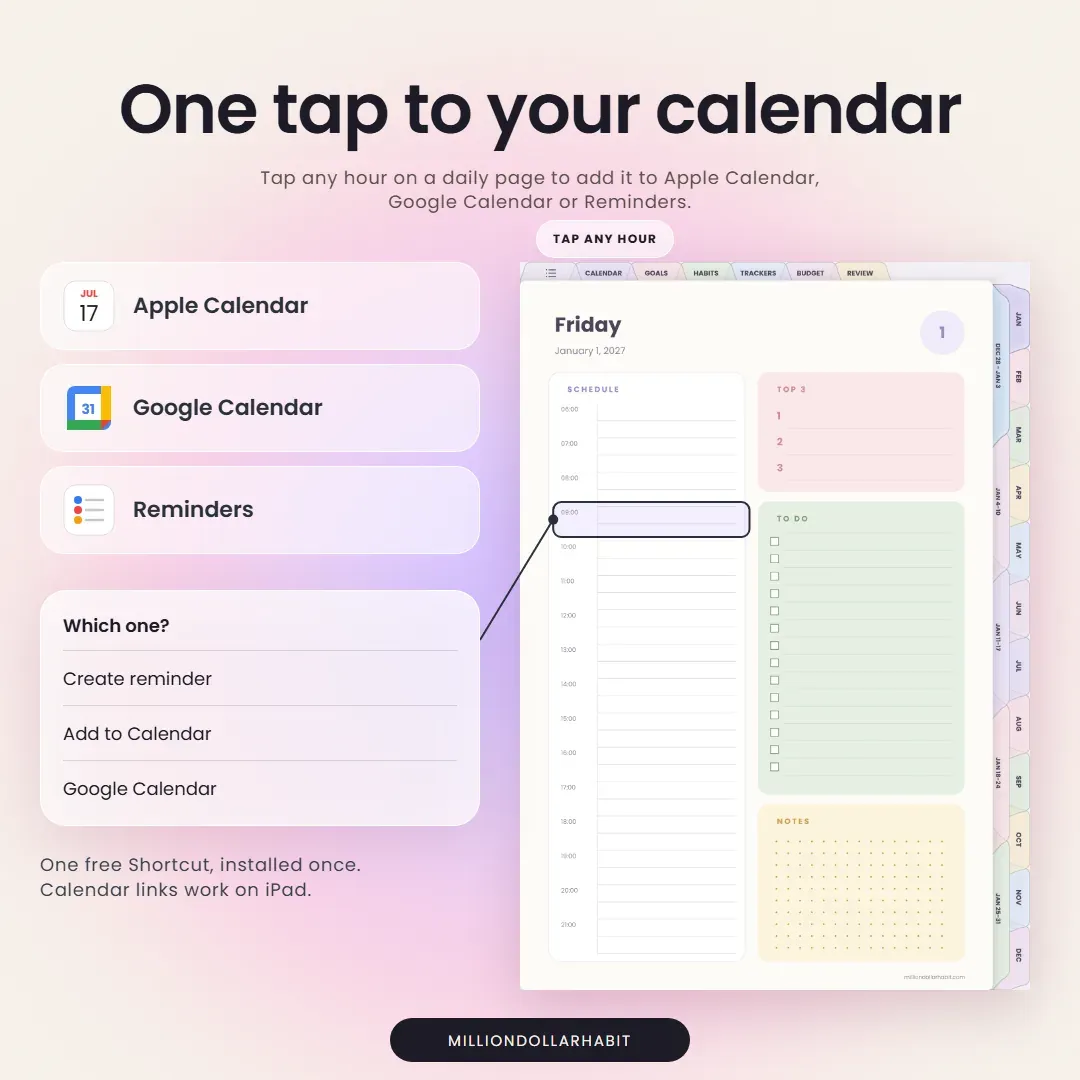 2027 Life Planner: One tap to your calendar, tap any hour on a daily page to add it to Apple Calendar, Google Calendar or Reminders