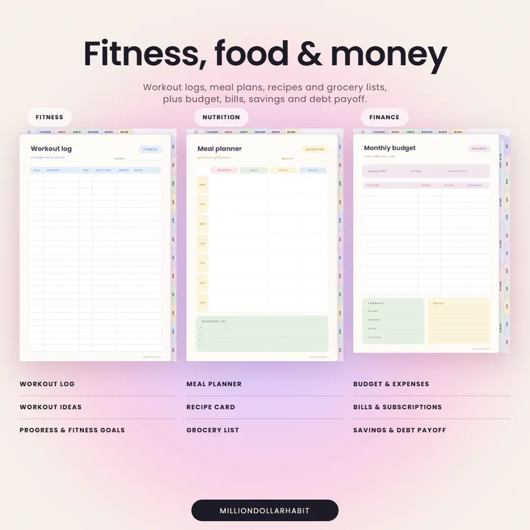 2027 Life Planner: Fitness, food and money, with workout logs, meal plans, recipes, grocery lists, budget, bills, savings and debt payoff