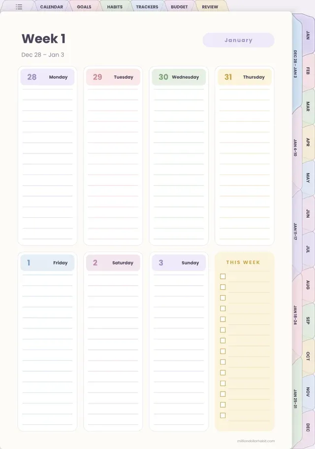 Weekly spread page from the 2027 All-in-One Life Planner
