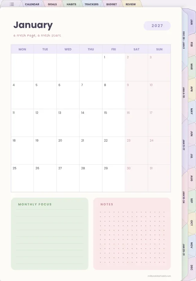 Monthly calendar page in the 2027 All-in-One Life Planner