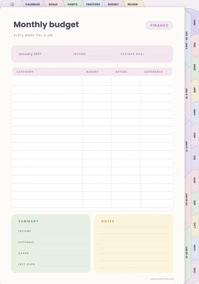 Monthly budget page in the 2027 All-in-One Life Planner