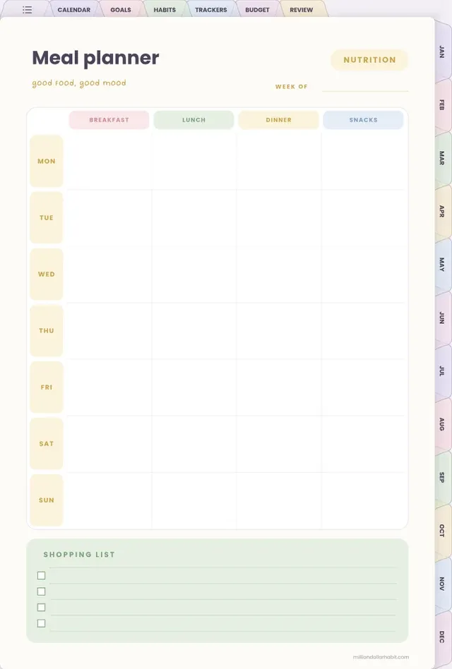 Meal planner page in the 2027 All-in-One Life Planner