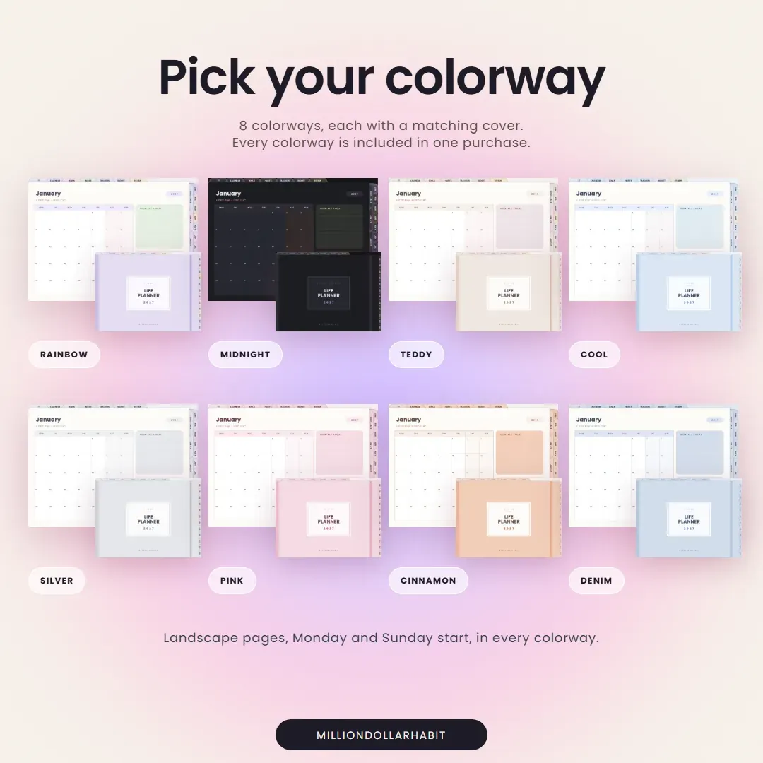 2027 Life Planner Landscape: Pick your colorway, 8 colorways with matching covers, all included in one purchase