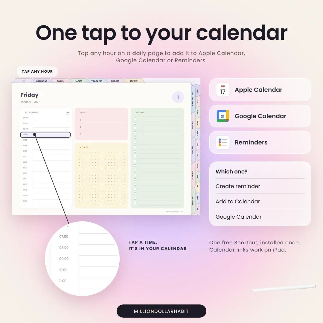 2027 Life Planner Landscape: One tap to your calendar, tap any hour on a daily page to add it to Apple Calendar, Google Calendar or Reminders