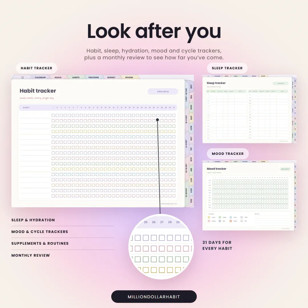 2027 Life Planner Landscape: Look after you, with habit, sleep, hydration, mood and cycle trackers and a monthly review