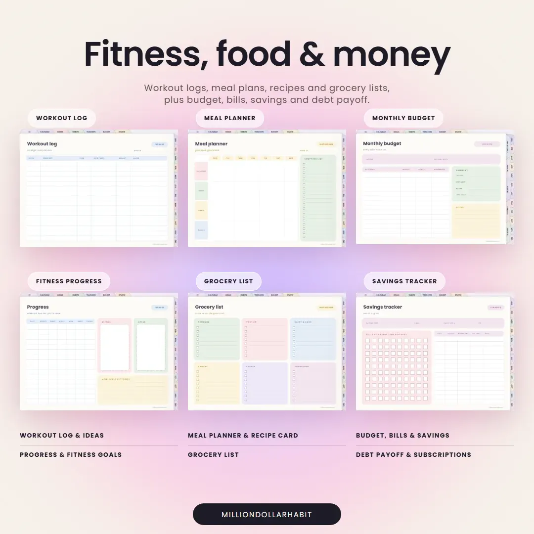 2027 Life Planner Landscape: Fitness, food and money, with workout logs, meal plans, grocery lists, budget, bills, savings and debt payoff
