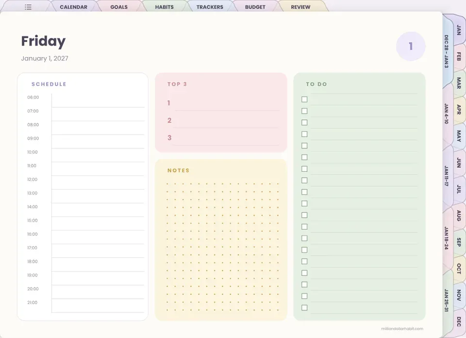Daily page page in the 2027 All-in-One Life Planner Landscape