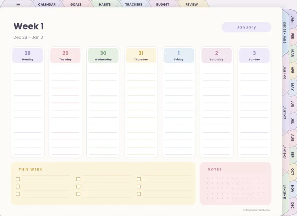 Weekly spread page in the 2027 All-in-One Life Planner Landscape