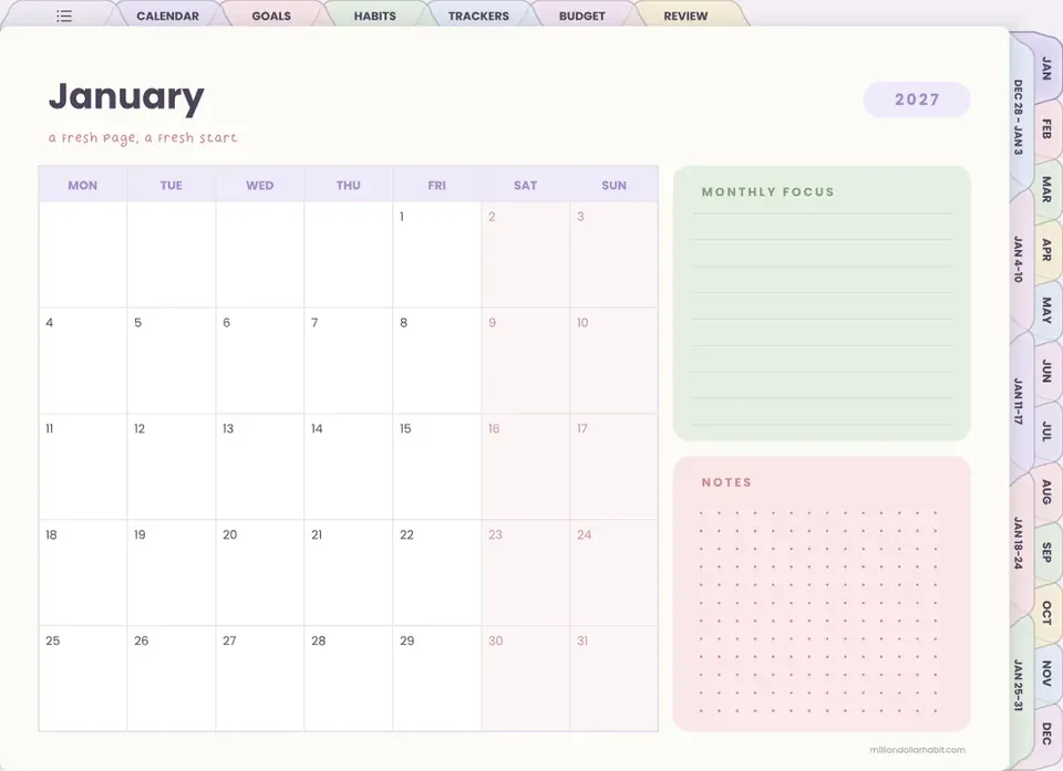 Monthly calendar page in the 2027 All-in-One Life Planner Landscape