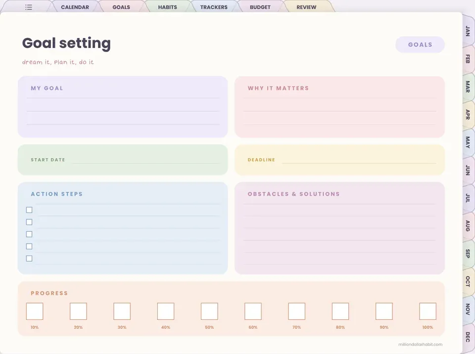 Goal setting page in the 2027 All-in-One Life Planner Landscape