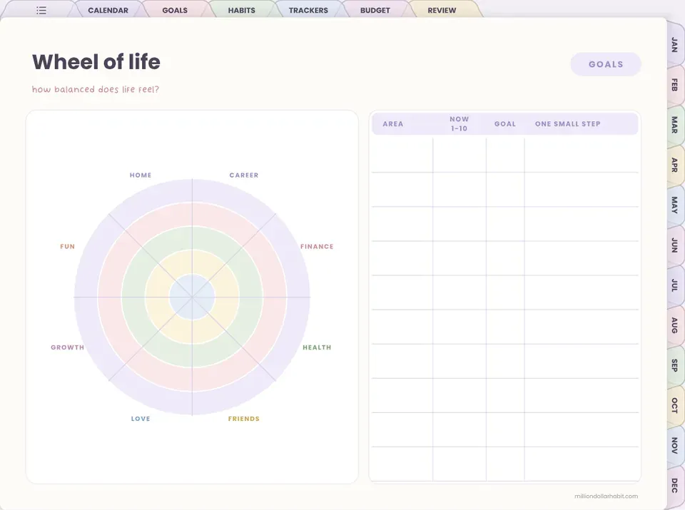 Wheel of life page in the 2027 All-in-One Life Planner Landscape