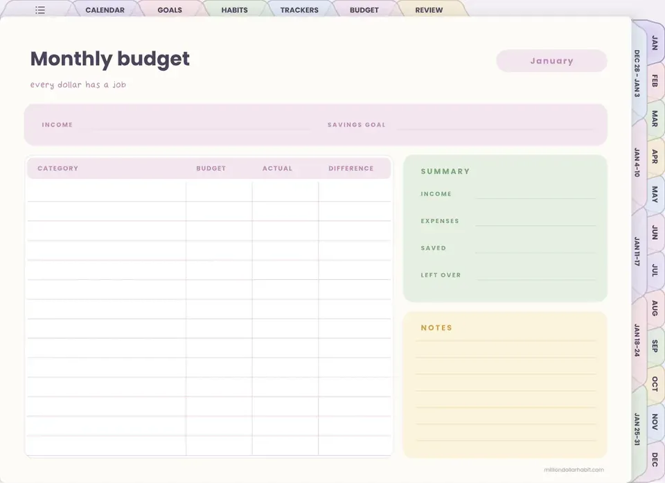 Monthly budget page in the 2027 All-in-One Life Planner Landscape