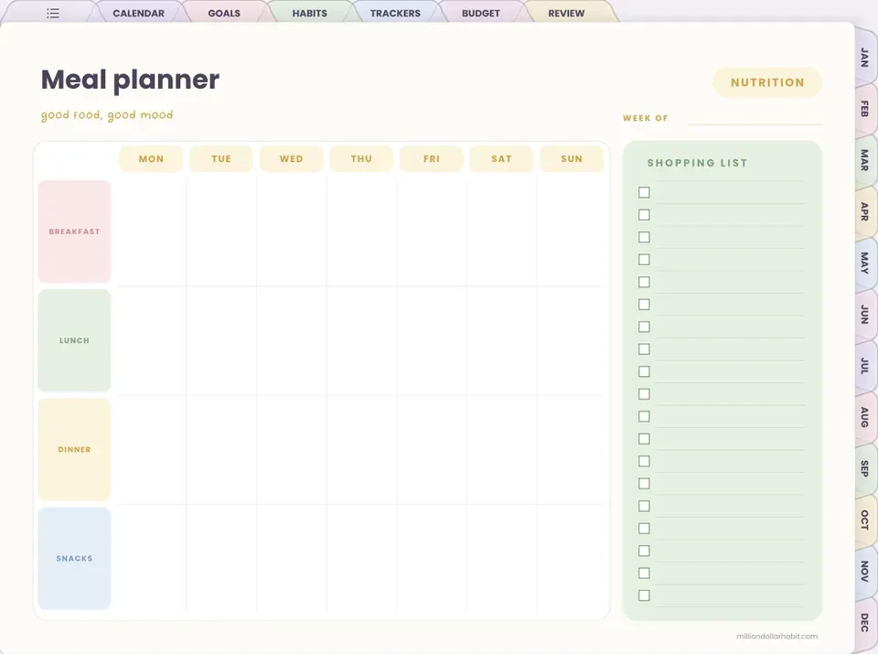 Meal planner page in the 2027 All-in-One Life Planner Landscape