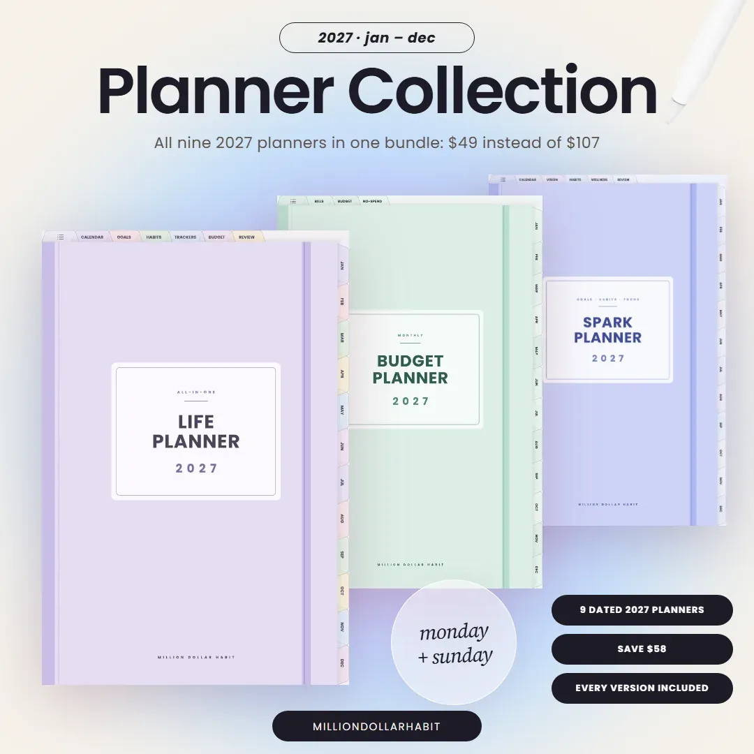 2027 Planner Collection cover: all nine 2027 planners in one bundle, $49 instead of $107, Monday + Sunday start