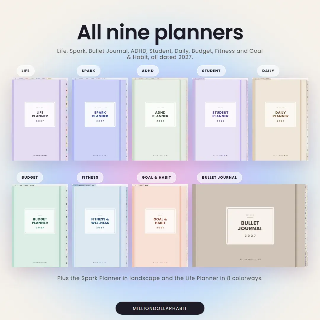 All nine planners in the 2027 Planner Collection: Life, Spark, ADHD, Student, Daily, Budget, Fitness, Goal & Habit and Bullet Journal