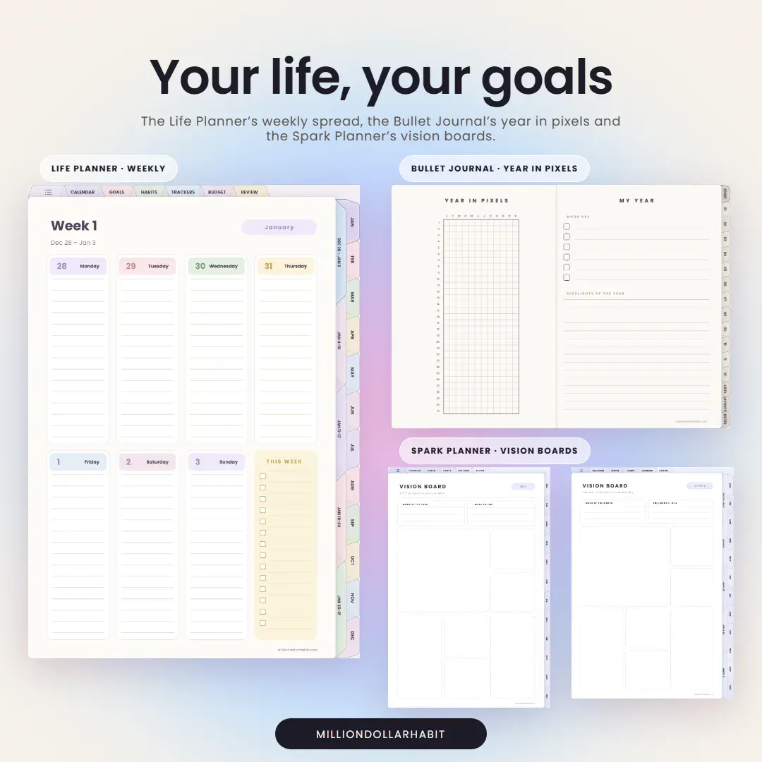 2027 Planner Collection: Your life, your goals, with the Life Planner's weekly spread, the Bullet Journal's year in pixels and the Spark Planner's vision boards