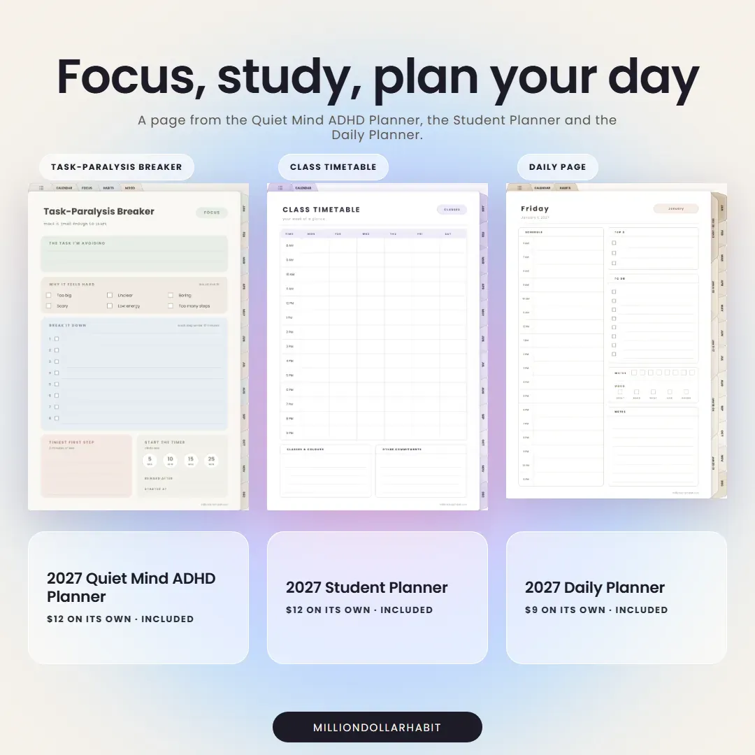 2027 Planner Collection: Focus, study, plan your day, with pages from the Quiet Mind ADHD Planner, the Student Planner and the Daily Planner