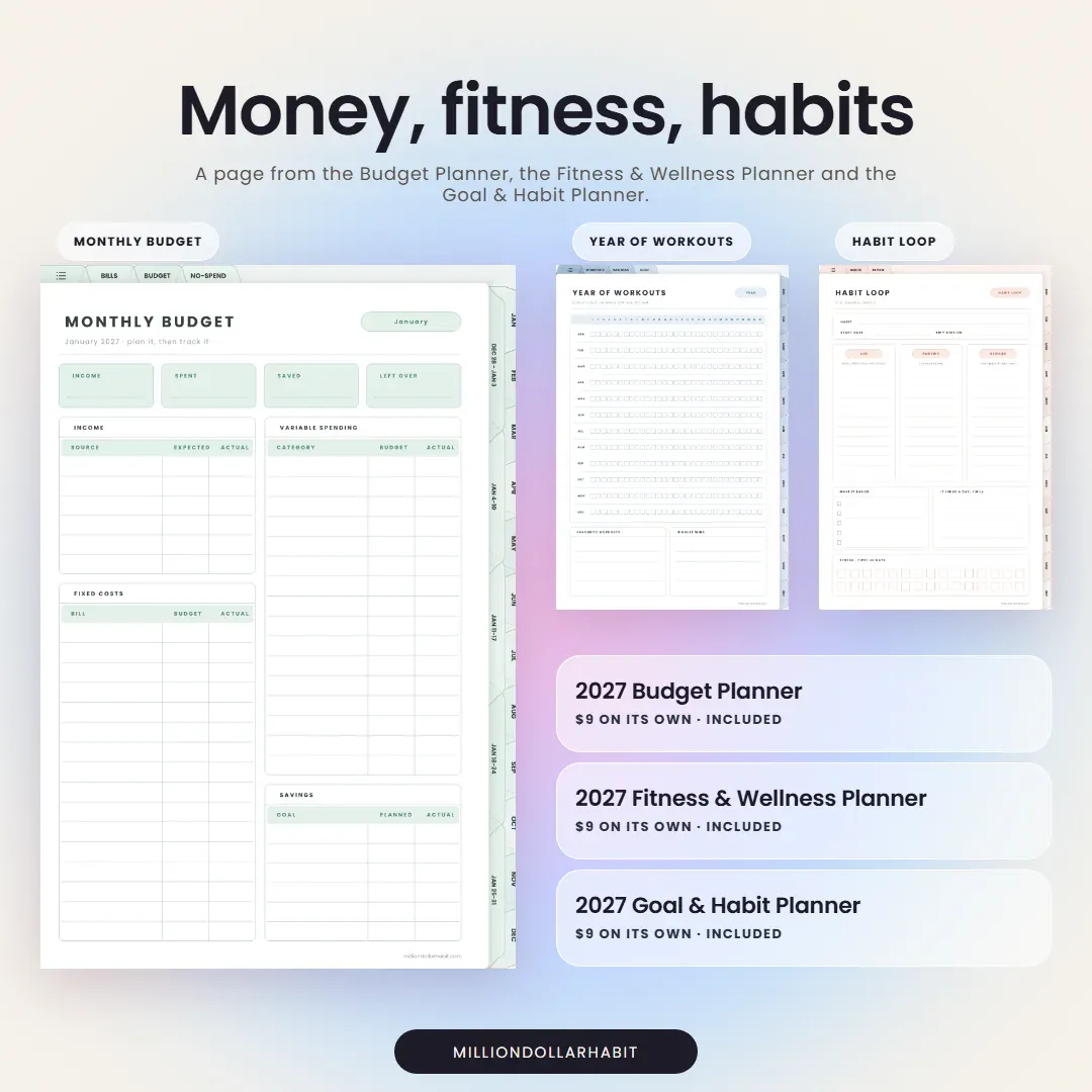 2027 Planner Collection: Money, fitness, habits, with pages from the Budget Planner, the Fitness & Wellness Planner and the Goal & Habit Planner