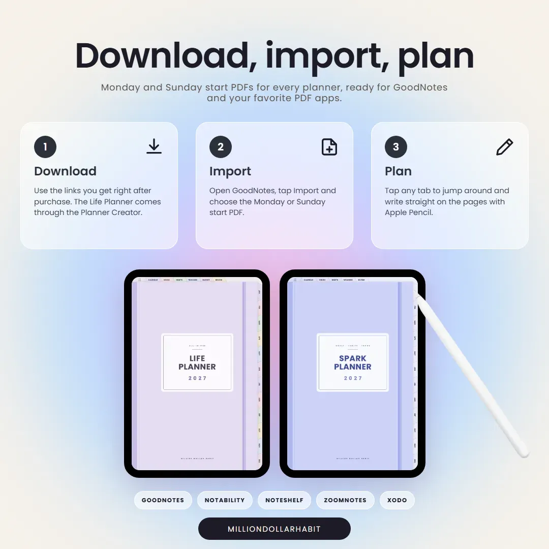 2027 Planner Collection: Download, import, plan, with Monday and Sunday start PDFs for every planner, ready for GoodNotes and other PDF apps