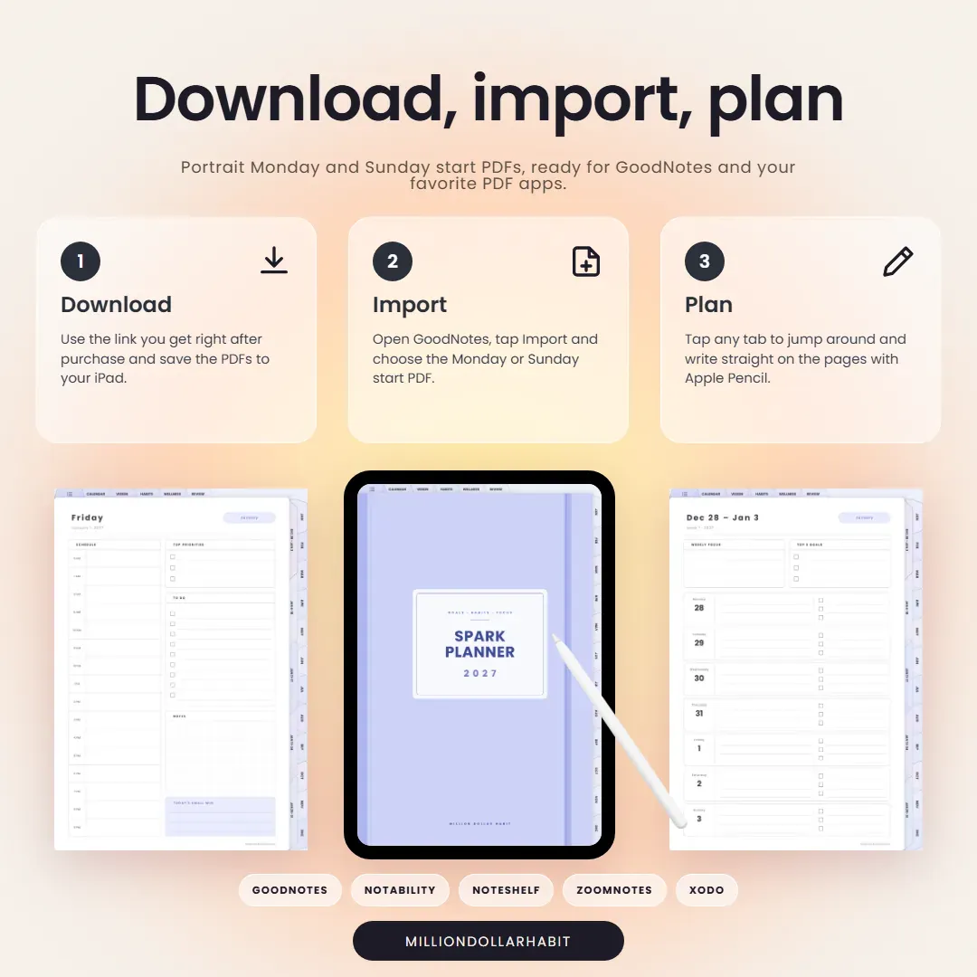 2027 Spark Planner: Download, import, plan, with Monday and Sunday start PDFs for GoodNotes and other PDF apps