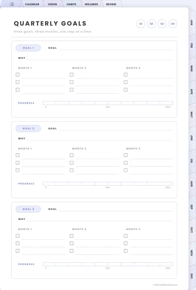 Quarterly goals page in the 2027 Spark Planner