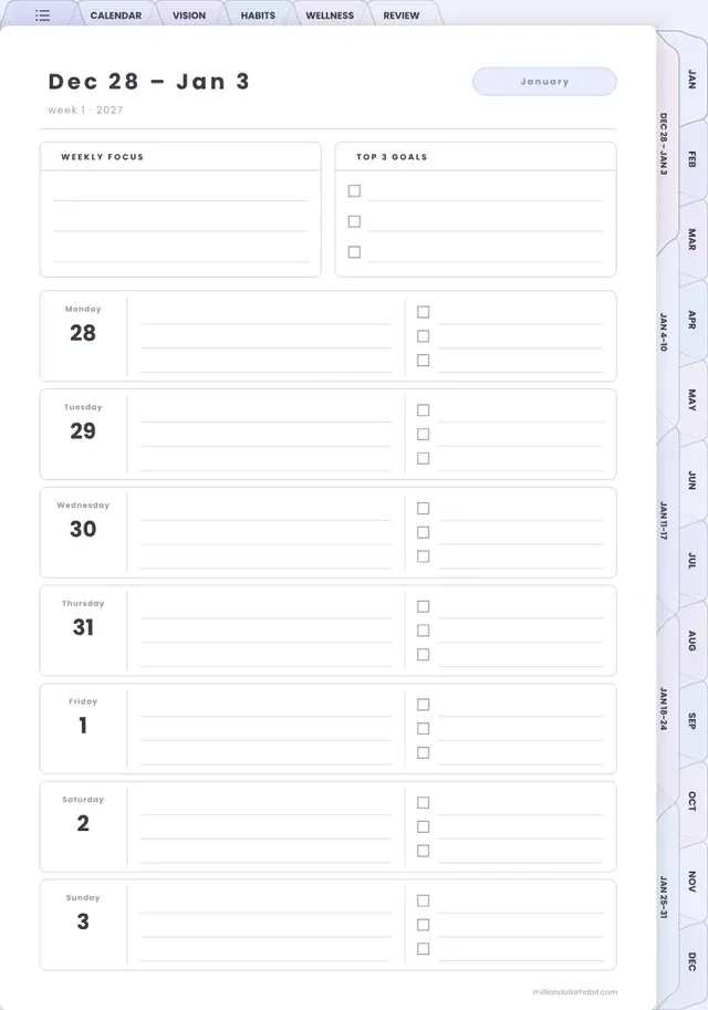 Weekly focus page in the 2027 Spark Planner