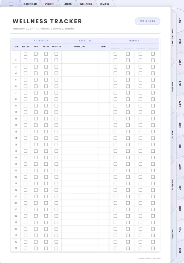 Wellness tracker page in the 2027 Spark Planner