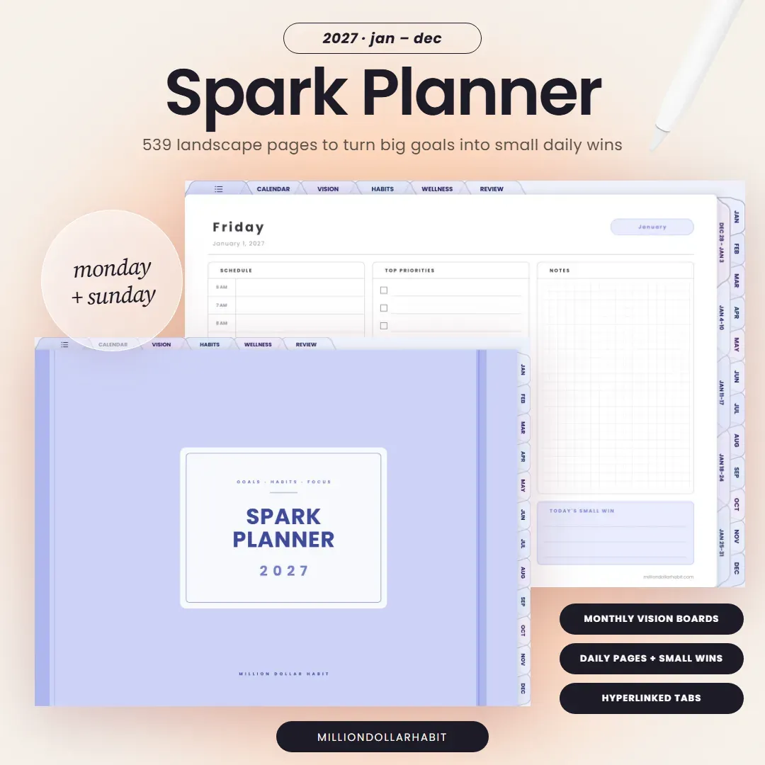 2027 Spark Planner Landscape cover: 539 landscape pages to turn big goals into small daily wins, Monday + Sunday start