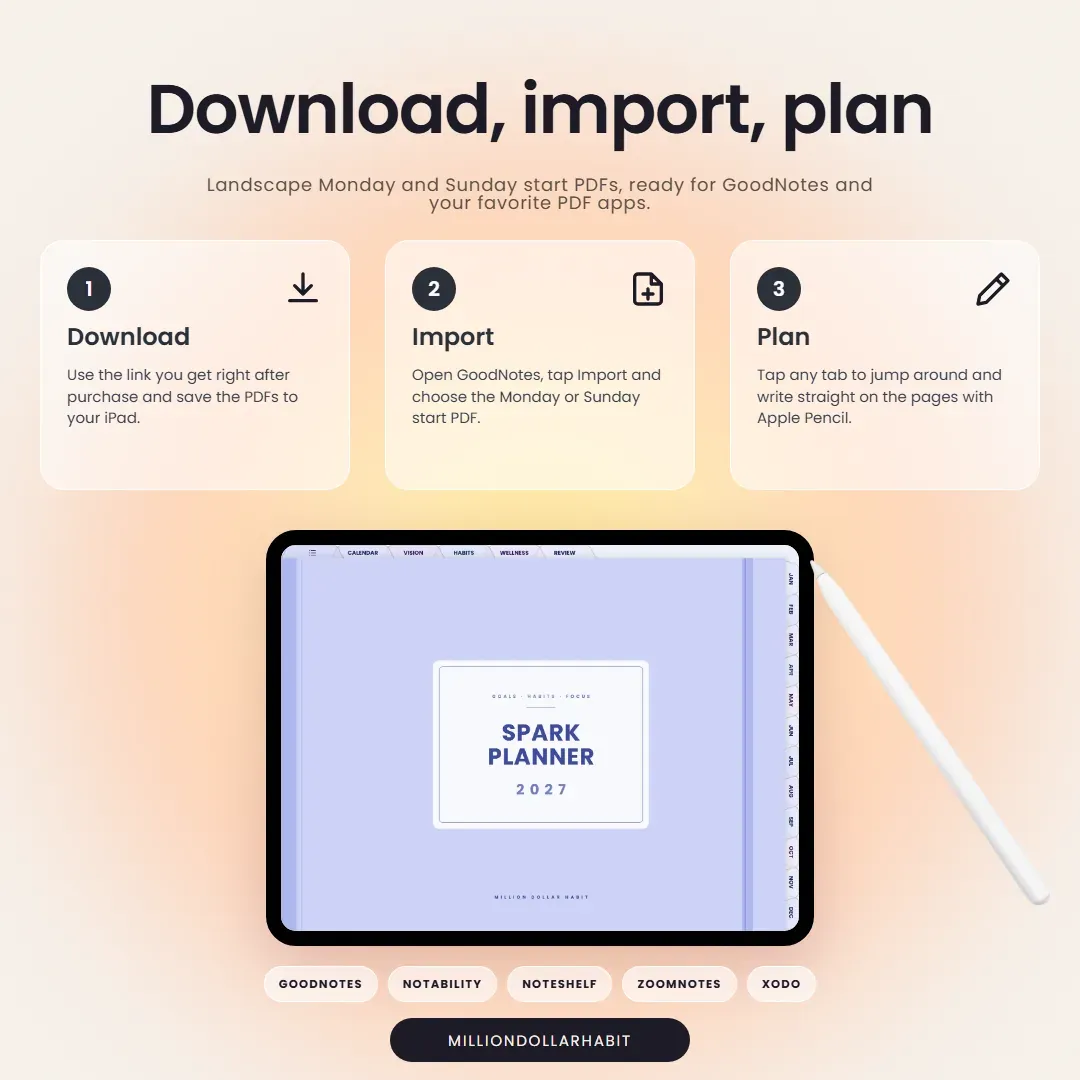 2027 Spark Planner Landscape: Download, import, plan, with landscape Monday and Sunday start PDFs for GoodNotes and other PDF apps
