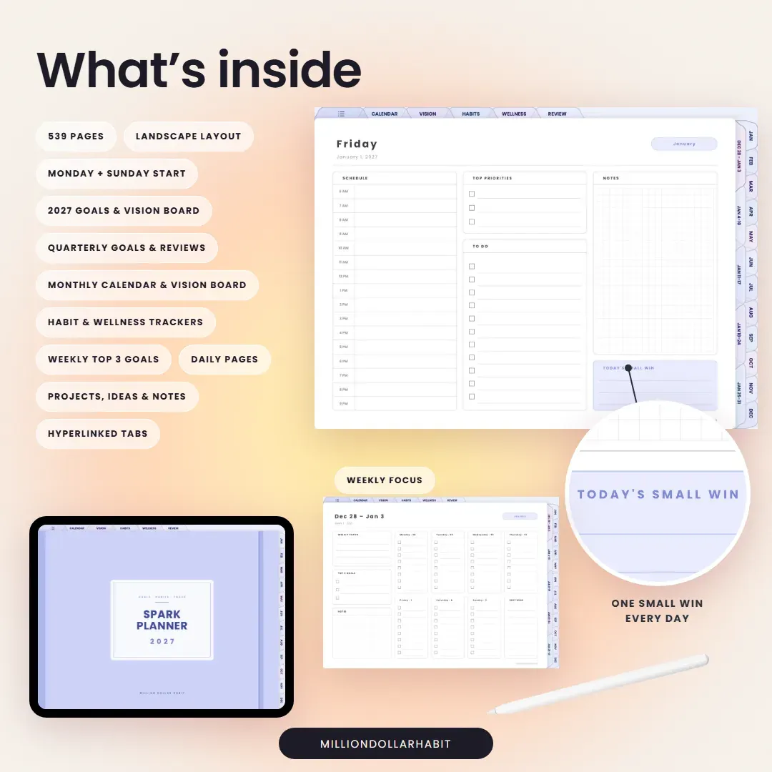 What's inside the 2027 Spark Planner Landscape: 539 landscape pages with goals, vision boards, habit trackers, weekly Top 3 goals and daily pages