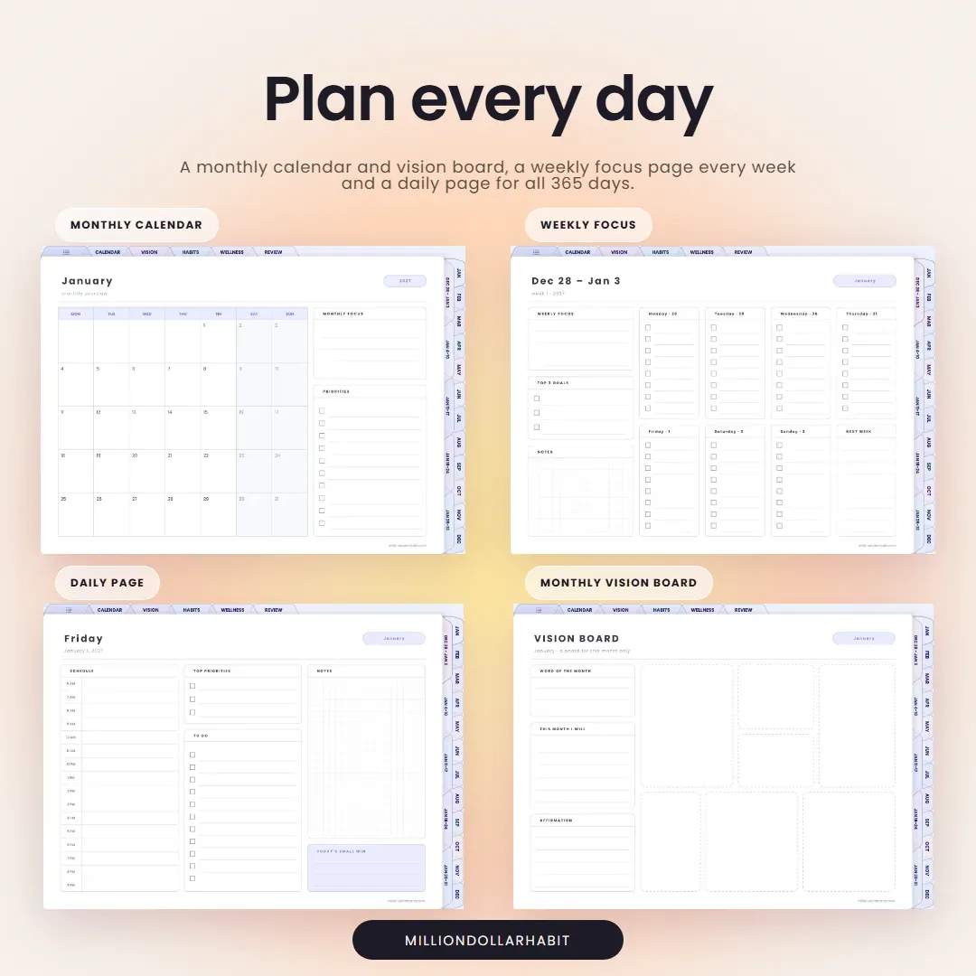 2027 Spark Planner Landscape: Plan every day, with a monthly calendar and vision board, a weekly focus page and a daily page with one small win