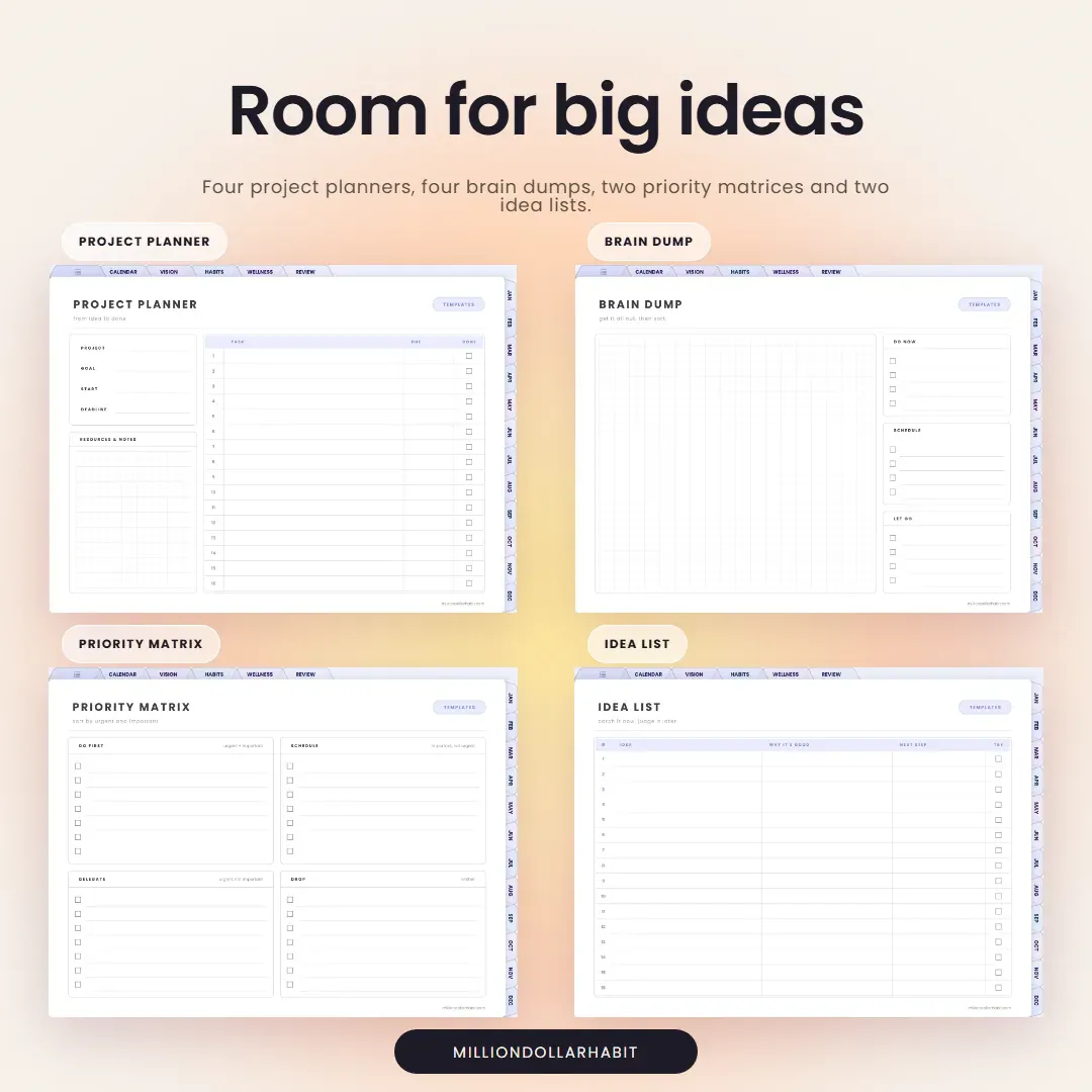 2027 Spark Planner Landscape: Room for big ideas, with project planners, brain dumps, priority matrices, idea lists and notes pages