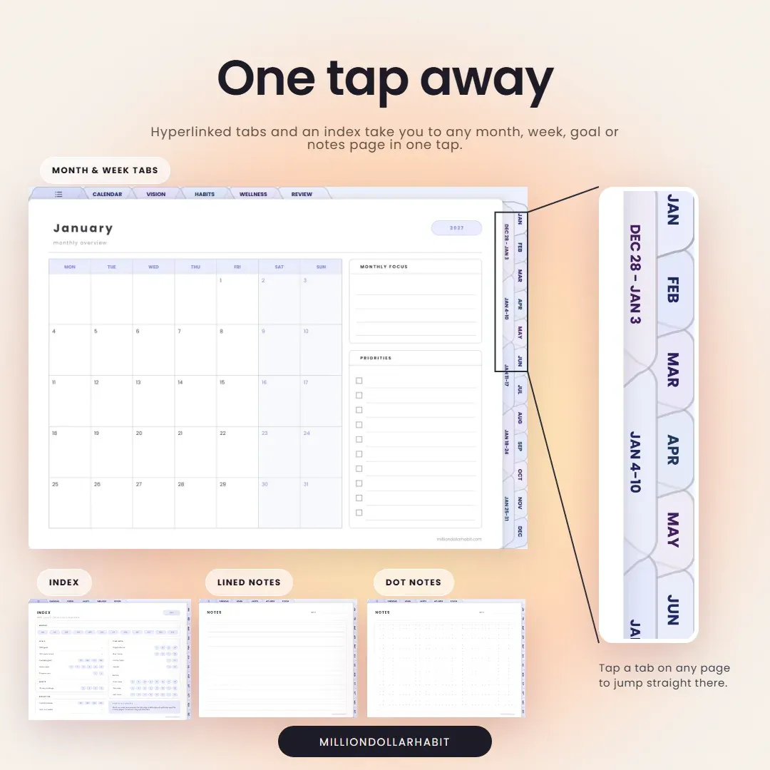 2027 Spark Planner Landscape: One tap away, with hyperlinked month and week tabs and an index