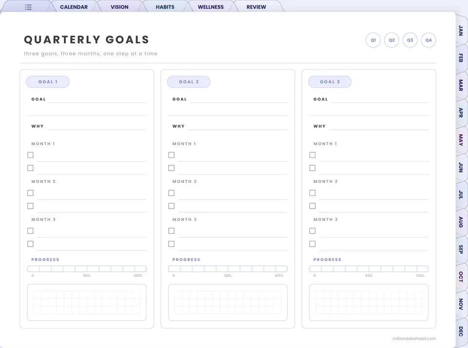 Quarterly goals page in the 2027 Spark Planner Landscape