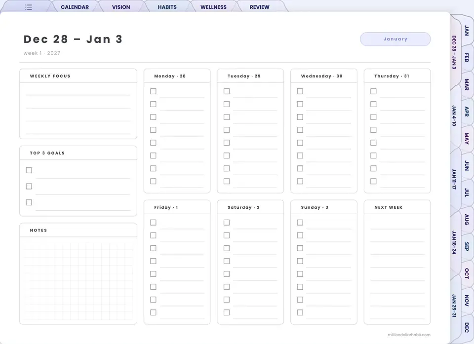 Weekly focus page in the 2027 Spark Planner Landscape
