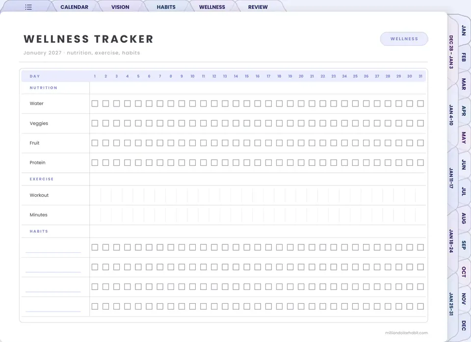 Wellness tracker page in the 2027 Spark Planner Landscape