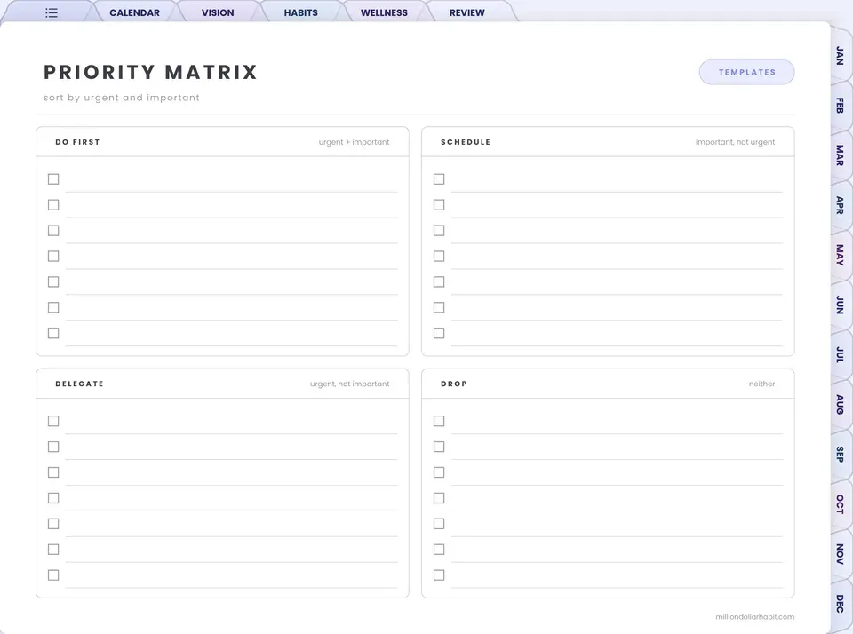 Priority matrix page in the 2027 Spark Planner Landscape