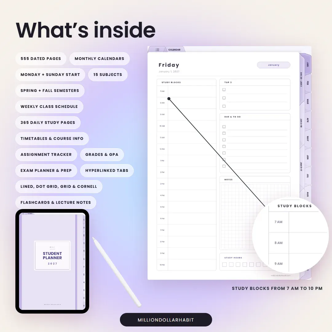 What's inside the 2027 Student Planner: 555 dated pages with monthly calendars, weekly class schedules, daily study pages, grades and GPA