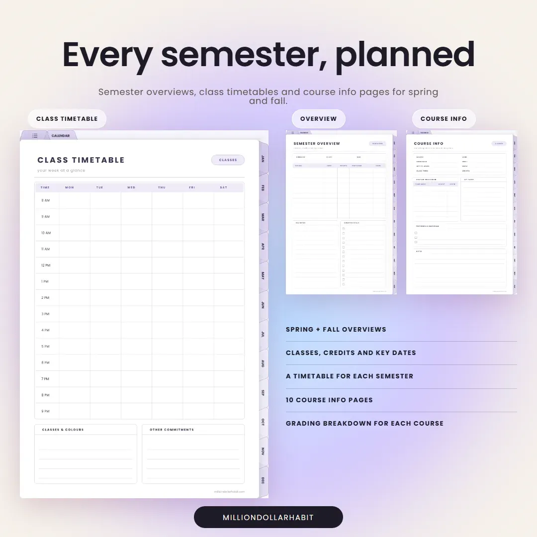 2027 Student Planner: Every semester, planned, with semester overviews, class timetables and course info pages
