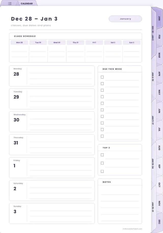 Weekly spread page in the 2027 Student Planner