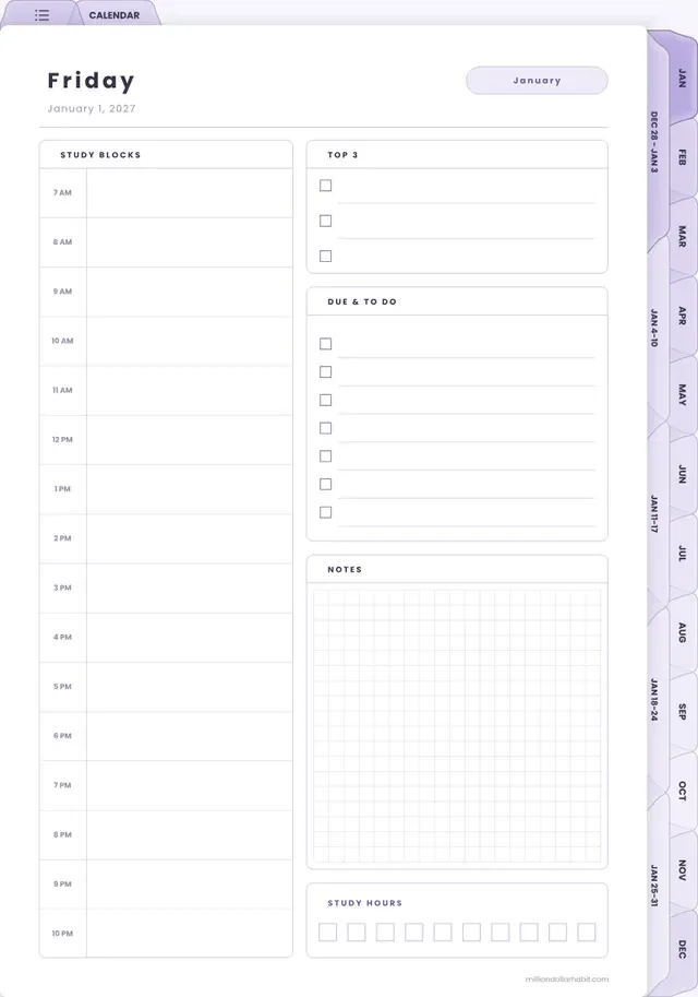 Daily study page page in the 2027 Student Planner