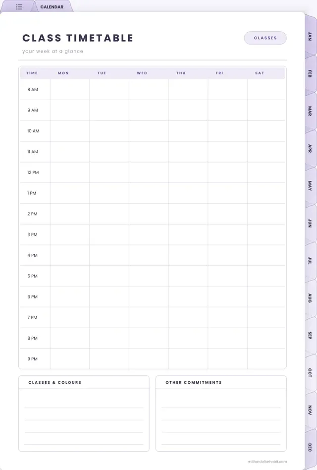 Class timetable page from the 2027 Student Planner