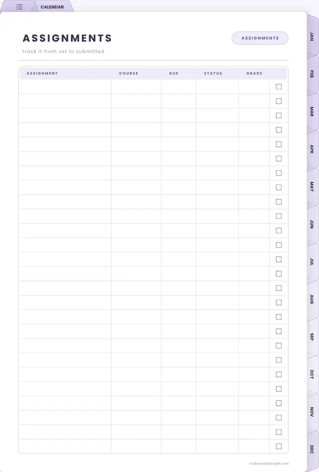 Assignments page in the 2027 Student Planner
