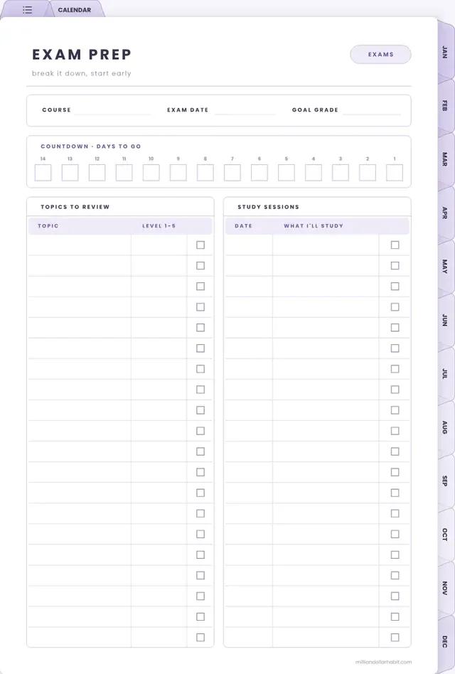 Exam prep page in the 2027 Student Planner
