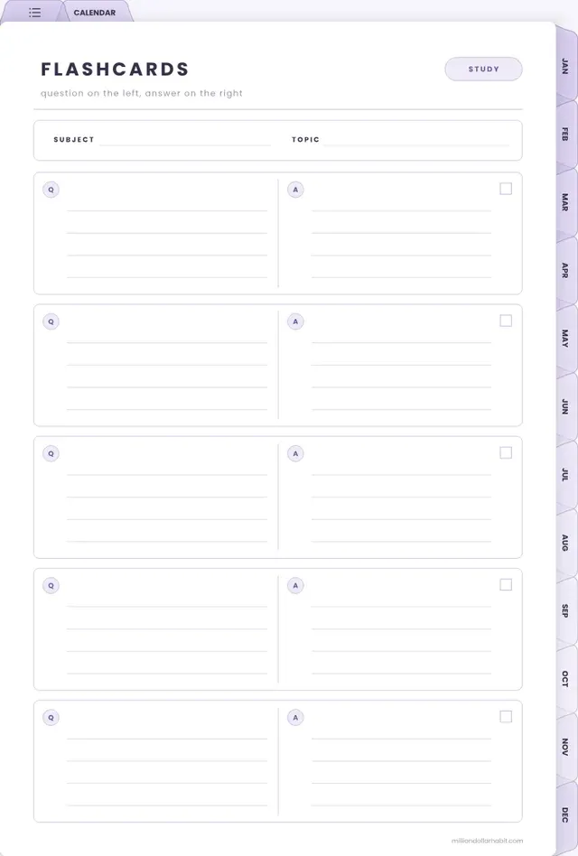 Flashcards page in the 2027 Student Planner