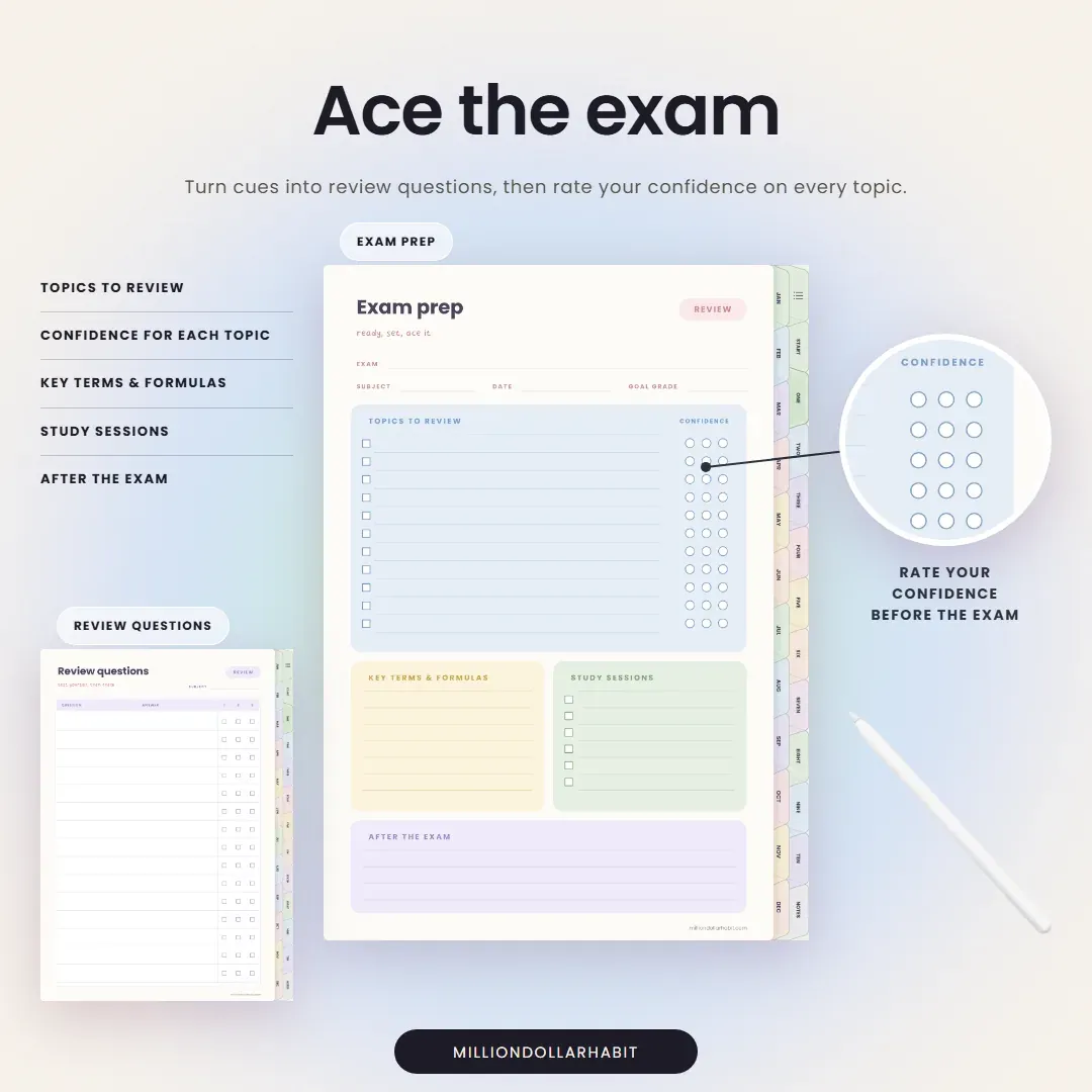 Cornell Study Notebook: Ace the exam, with review questions and a confidence rating for every topic