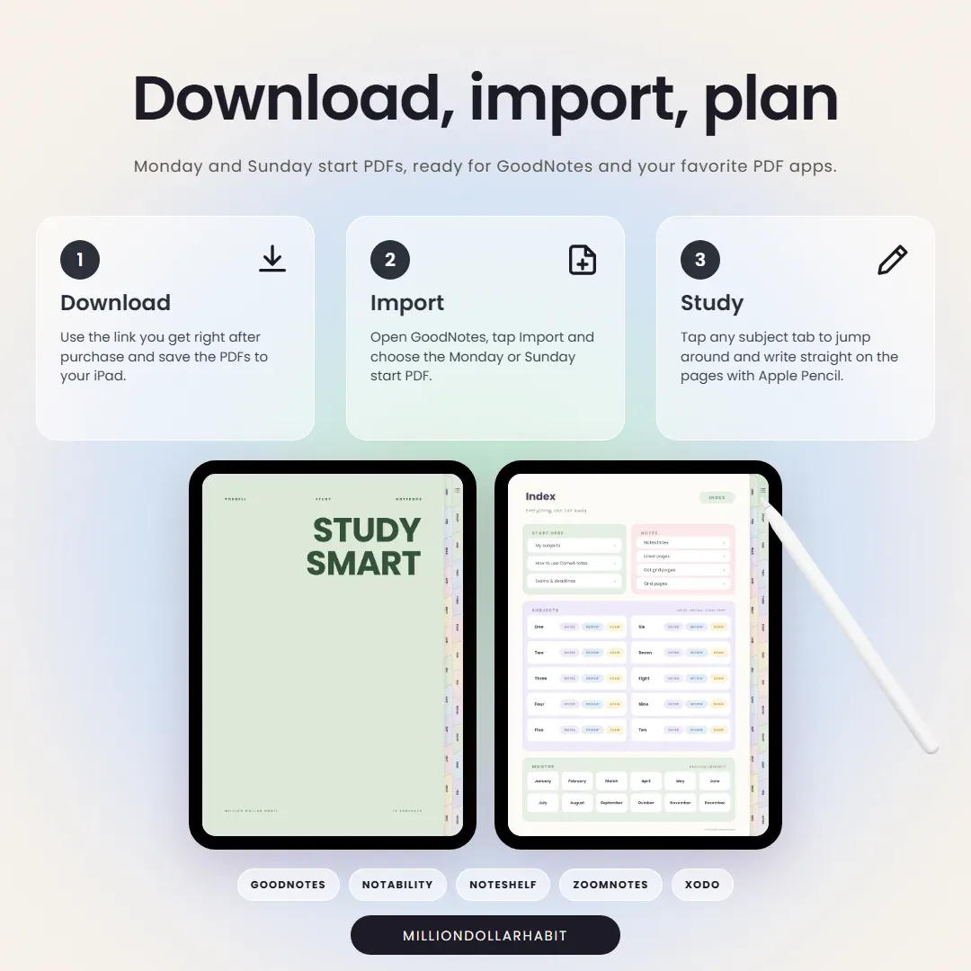Cornell Study Notebook: Download, import, study, with Monday and Sunday start PDFs for GoodNotes and other PDF apps