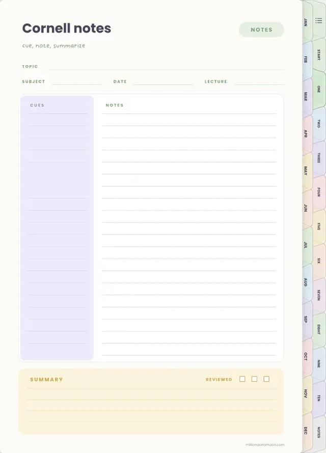 Cornell notes, lined page in the Cornell Study Notebook