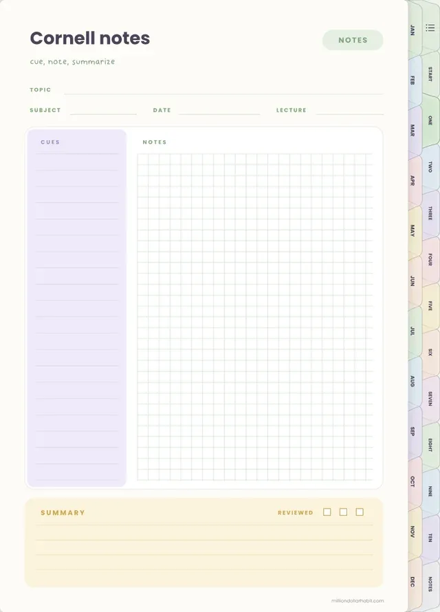 Cornell notes, grid page in the Cornell Study Notebook