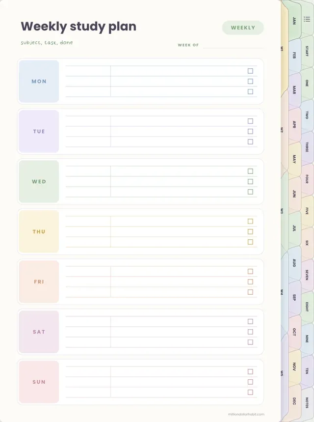 Weekly study plan page in the Cornell Study Notebook